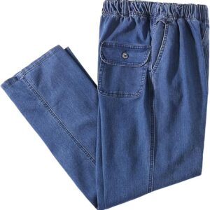 Men’s Elastic Waist Loose Fit Denim Pants Casual Solid Jeans Trouser